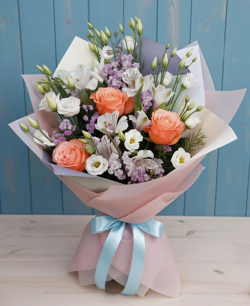 Букет цветов из: Лизиантусы, Розы, Альстромерии и Гипсофила в Ботлихе